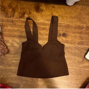 Ribbed V-Neck Knit Crop Tank Top - Brown